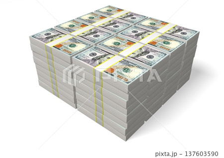 Many piles of hundred dollar bills on white background - 3D illustration Many piles of hundred dollar bills on white background - 3D illustration 137603590