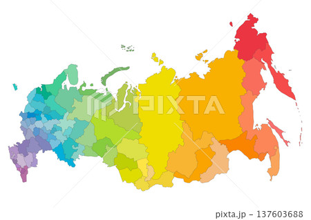 Russia political map of administrative divisions - oblasts, republics, autonomous okrugs, krais, autonomous oblast and 2 federal cities of Moscow and Saint Petersburg. Rainbow spectrum colorful blank Russia political map of administrative divisions - oblasts, republics, autonomous okrugs, krais, autonomous oblast and 2 federal cities of Moscow and Saint Petersburg. Rainbow spectrum colorful blank 137603688