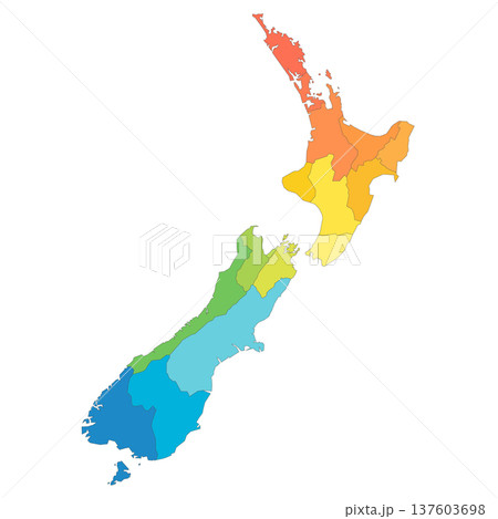 New Zealand political map of administrative divisions - regions. Rainbow spectrum colorful blank vector map. 137603698