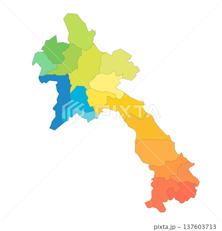 Laos political map of administrative divisions - provinces and prefecture of Vientiane. Rainbow spectrum colorful blank vector map. Laos political map of administrative divisions - provinces and prefecture of Vientiane. Rainbow spectrum colorful blank vector map. 137603713