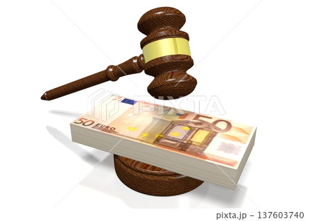 Pile of one fifty euro bills and gavel - 3D illustration 137603740