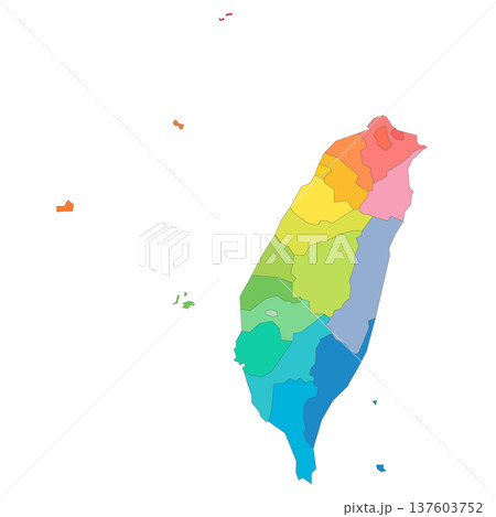 Taiwan political map of administrative divisions - provinces and special municipalities. Rainbow spectrum colorful blank vector map. 137603752