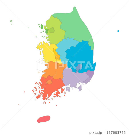 South Korea political map of administrative divisions - provinces, metropolitan cities, special city of Seolu and special self-governing cities of Sejong. Rainbow spectrum colorful blank vector map. South Korea political map of administrative divisions - provinces, metropolitan cities, special city of Seolu and special self-governing cities of Sejong. Rainbow spectrum colorful blank vector map. 137603753