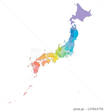 Japan political map of administrative divisions - prefectures, metropilis Tokyo, territory Hokaido and urban prefectures Kyoto and Osaka. Rainbow spectrum colorful blank vector map. 137603756