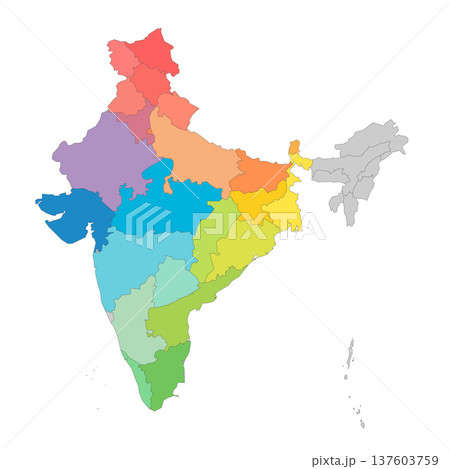 India political map of administrative divisions - states and union teritorries. Rainbow spectrum colorful blank vector map. 137603759