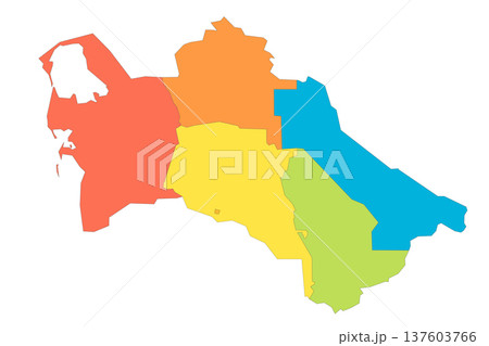 Turkmenistan political map of administrative divisions - regions and capital city district of Ashgabat. Rainbow spectrum colorful blank vector map. Turkmenistan political map of administrative divisions - regions and capital city district of Ashgabat. Rainbow spectrum colorful blank vector map. 137603766