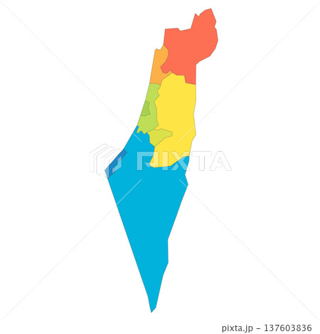 Israel political map of administrative divisions - districts, Gaza Strip and Judea and Samaria Area. Rainbow spectrum colorful blank vector map. 137603836