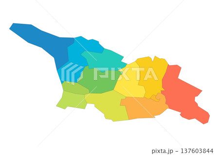 Georgia political map of administrative divisions - regions and autonomous republics of Abkhasia and Adjara. Rainbow spectrum colorful blank vector map. 137603844