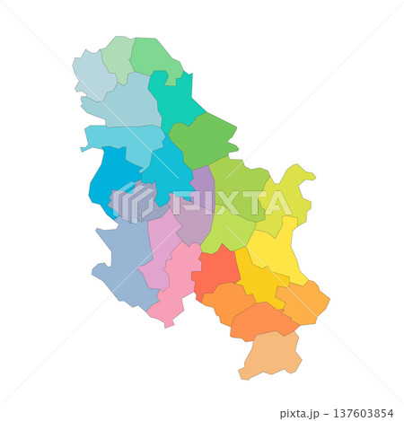 Serbia political map of administrative divisions - okrugs and autonomous city of Belgrade. Rainbow spectrum colorful blank vector map. Serbia political map of administrative divisions - okrugs and autonomous city of Belgrade. Rainbow spectrum colorful blank vector map. 137603854