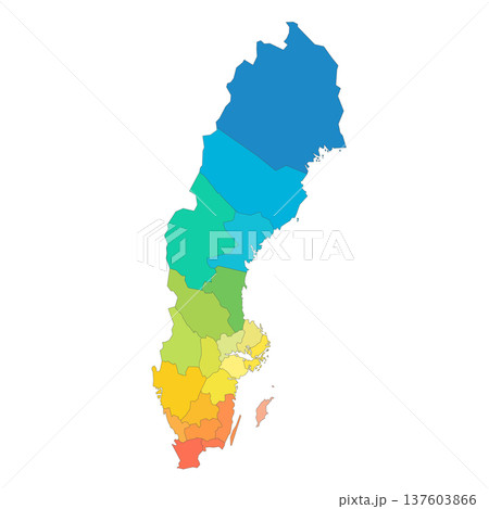 Sweden political map of administrative divisions - counties. Rainbow spectrum colorful blank vector map. Sweden political map of administrative divisions - counties. Rainbow spectrum colorful blank vector map. 137603866