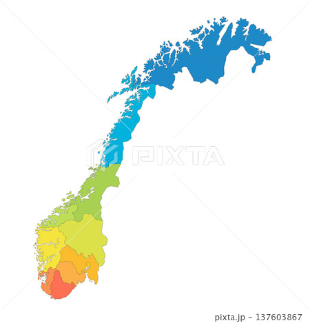 Norway political map of administrative divisions - counties and autonomous city of Oslo. Rainbow spectrum colorful blank vector map. Norway political map of administrative divisions - counties and autonomous city of Oslo. Rainbow spectrum colorful blank vector map. 137603867