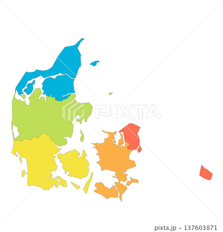 Denmark political map of administrative divisions - regions. Rainbow spectrum colorful blank vector map. 137603871