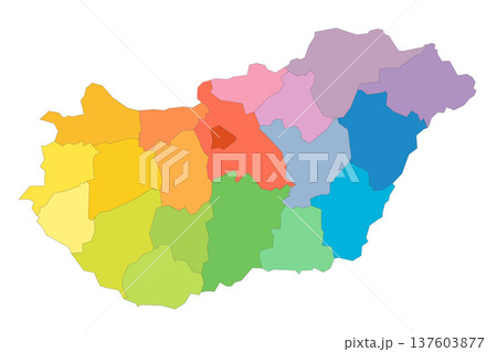 Hungary political map of administrative divisions - counties and autonomous city of Budapest. Rainbow spectrum colorful blank vector map. Hungary political map of administrative divisions - counties and autonomous city of Budapest. Rainbow spectrum colorful blank vector map. 137603877