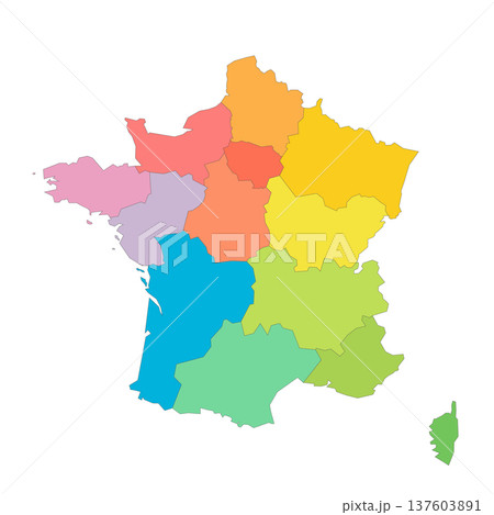 France political map of administrative divisions - regions. Rainbow spectrum colorful blank vector map. France political map of administrative divisions - regions. Rainbow spectrum colorful blank vector map. 137603891