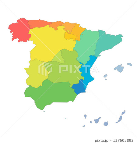 Spain political map of administrative divisions - autonomous communities and autonomous cities of Ceuta and Melilla. Rainbow spectrum colorful blank vector map. 137603892