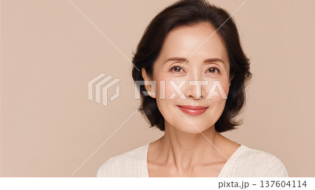 スキンケアや健康・安心感をイメージさせる若々しい高齢女性 137604114