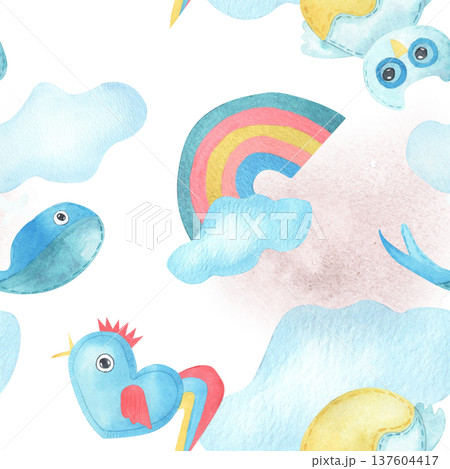 Watercolor multicolored seamless pattern rainbow, clouds, cute toy whale, cockerel and owl. Hand drawn nursery illustration suitable for children decor, textiles, wallpaper and playful prints 137604417