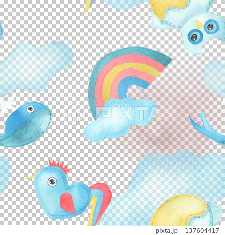 Watercolor multicolored seamless pattern rainbow, clouds, cute toy whale, cockerel and owl. Hand drawn nursery illustration suitable for children decor, textiles, wallpaper and playful prints 137604417