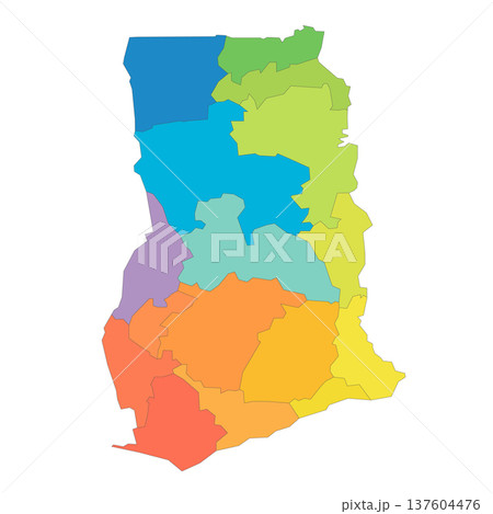 Ghana political map of administrative divisions - regions. Rainbow spectrum colorful blank vector map. Ghana political map of administrative divisions - regions. Rainbow spectrum colorful blank vector map. 137604476