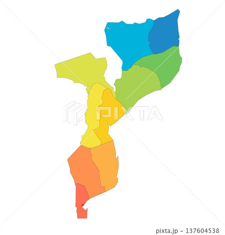 Mozambique political map of administrative divisions - provinces and capital city of Maputo. Rainbow spectrum colorful blank vector map. 137604538