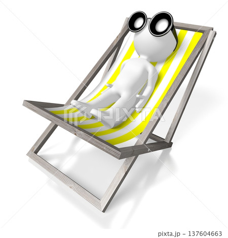 Cartoon character wearing sunglasses laying on a deckchair - holiday concept - 3D illustration Cartoon character wearing sunglasses laying on a deckchair - holiday concept - 3D illustration 137604663