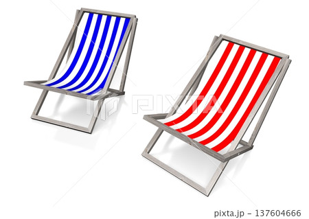 Red and blue deckchairs isolated on white background - 3D illustration 137604666