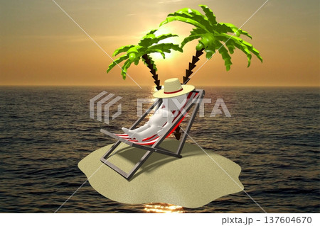 Cartoon character laying on a deckchair under palm trees on desert island - 3D illustration 137604670