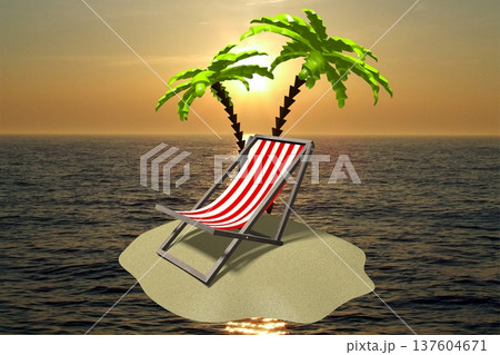 Deckchair and palm trees on desert island surrounded by ocean - 3D illustration 137604671