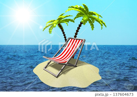 Deckchair and palm trees on desert island surrounded by ocean - 3D illustration 137604673