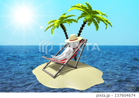 Cartoon character laying on a deckchair under palm trees on desert island - 3D illustration 137604674