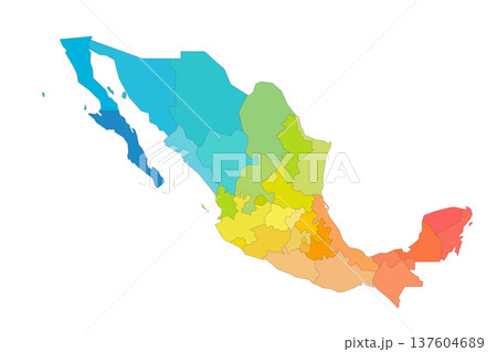 Mexico political map of administrative divisions - states and Mexico City. Rainbow spectrum colorful blank vector map. 137604689