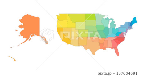 United States of America political map of administrative divisions - states and federal district Washington, D.C. Rainbow spectrum colorful blank vector map. 137604691