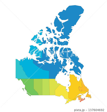 Canada political map of administrative divisions - provinces and territories. Rainbow spectrum colorful blank vector map. 137604692