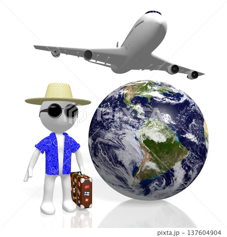 Cartoon character tourist with a suitcase, Earth and flying plane - 3D illustration Cartoon character tourist with a suitcase, Earth and flying plane - 3D illustration 137604904