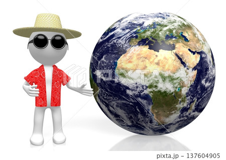 Cartoon character tourist and Earth - 3D illustration Cartoon character tourist and Earth - 3D illustration 137604905