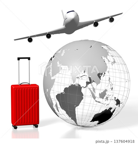 Geometrical Earth, flying plane and suitcase - travel concept - 3D illustration 137604918