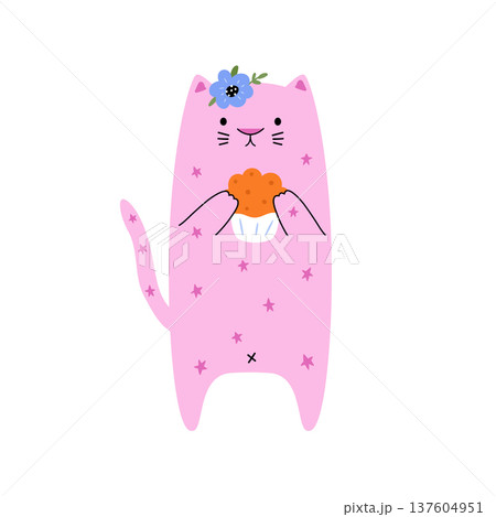 Cute pink cat with cupcake and stars for birthday party 137604951