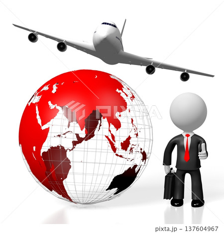 Cartoon character with a suitcase, Earth and flying plane - business travel concept - 3D illustration Cartoon character with a suitcase, Earth and flying plane - business travel concept - 3D illustration 137604967
