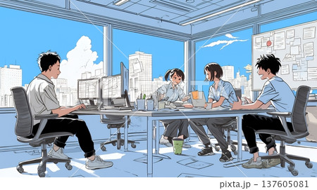 資料を見ながら打ち合わせをする会社員｜オフィスのビジネスミーティングイメージ