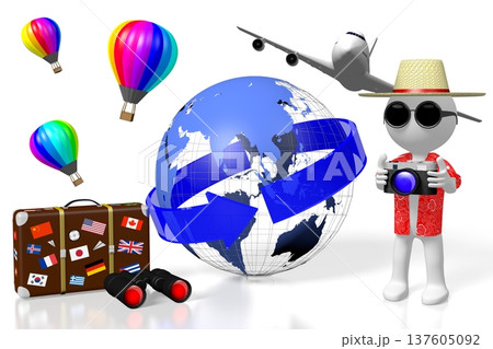 Cartoon character tourist, Earth, plane, suitcase and balloons - travel concept - 3D illustration 137605092