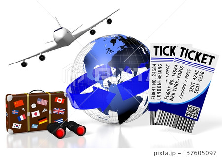 Flying jet plane, Earth, tickets and luggage - travel concept - 3D illustration Flying jet plane, Earth, tickets and luggage - travel concept - 3D illustration 137605097