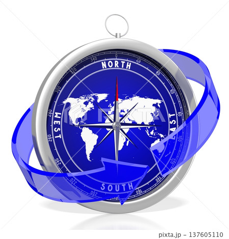 Compass with world map and arrow - travel concept - 3D illustration Compass with world map and arrow - travel concept - 3D illustration 137605110