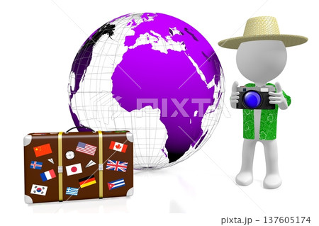 Tourist, Earth and luggage - 3D illustration Tourist, Earth and luggage - 3D illustration 137605174