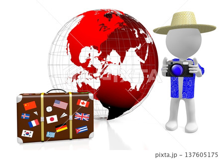 Tourist, Earth and luggage - 3D illustration 137605175