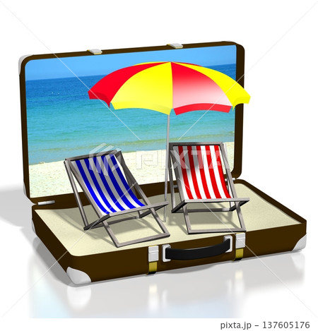Two sunbeds and umbrella inside suitcase - holiday concept - 3D illustration 137605176