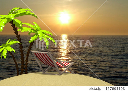 Sunbed and palm tree on desert island, ocean on second plan - 3D illustration Sunbed and palm tree on desert island, ocean on second plan - 3D illustration 137605198