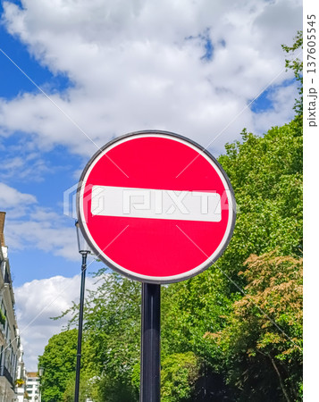 Traffic no entry sign displayed on a city street Traffic no entry sign displayed on a city street 137605545