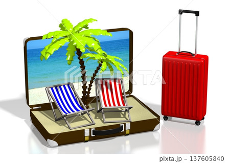 Deckchairs under palm trees inside travel suitase - holiday concept 137605840