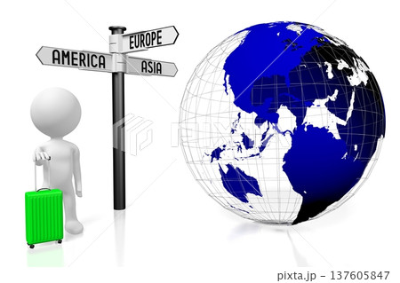 Cartoon character tourist with suitcase, Earth and signpost - travel concept - 3D illustration 137605847