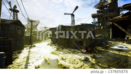 Sunlit open street with small wind hub, corrugated dwellings, puddles and scattered debris, hopeful light cutting through grime and community edges. 137605878